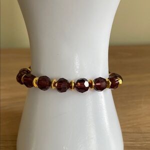 HANDCRAFTED PURPLE CRYSTAL & GOLD BEADED STRETCH BRACELET Boho Statement Jewelry